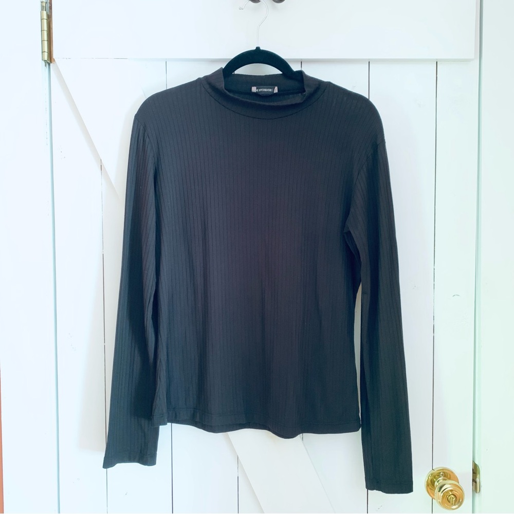 Black Long Sleeve Tee Blouse Stretch Mock Neck Fitted Jade Mackenzie M